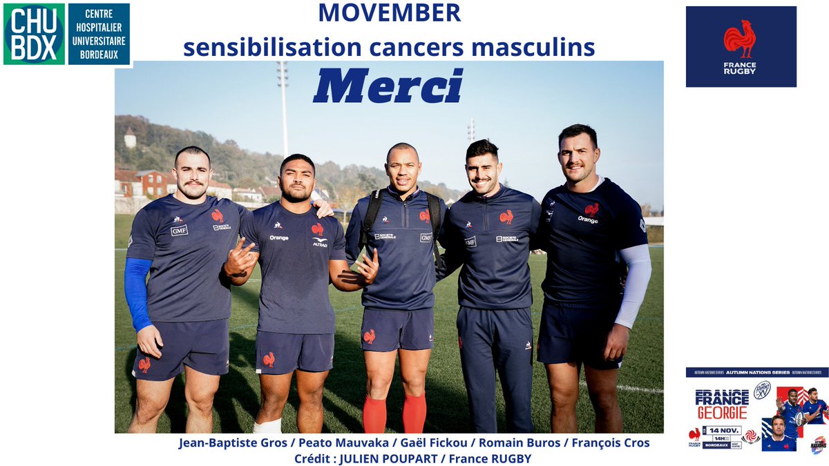 CHUBordeaux's tweet photo. [#MERCI] aux joueurs de rugby #XVdeFrance &amp;  @FranceRugby pour les actions de #sensibilisation sur les #cancers masculins (testicule, prostate) #Movember à l’occasion du match #FRAGEO au @MatmutAtl hier. Avec @CHUBordeaux &amp; le Dr @amaury_daste Messieurs, faites-vous dépister ! 👨 https://t.co/kyC9z2nr6J