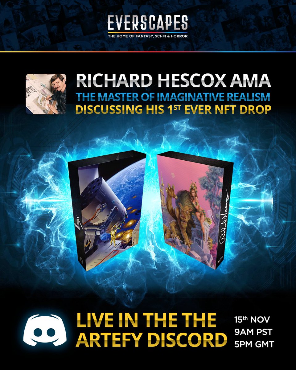 EverScapes_nft's tweet photo. Join us today in the @ArtefyOfficial Discord for an AMA with Richard Hescox, the Master of imaginative realism.
⏰9am PST / 5pm GMT
👉https://t.co/Mj9b6EqUk3👨🎨
#Digitalart #DigitalCollectibles #AMA #EverscapesNFT #Artefy https://t.co/JYaiSrVO0o