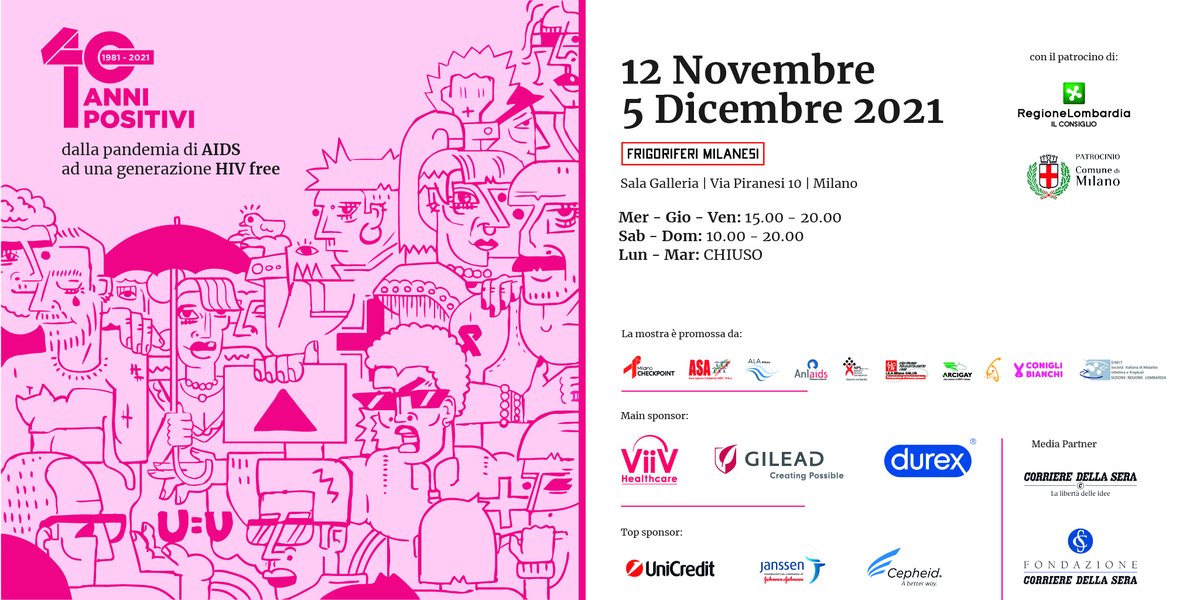 Anlaids's tweet photo. Fino al 5Dicembre a Milano la mostra #40AnniPOSITIVI dalla pandemia di AIDS a una generazione HIV free.
Documenti d’archivio, manifesti, opere d’arte, campagne pubblicitarie ripercorrono i quarant’anni di lotta contro il virus dell’HIV
#MilanoCheckPoint #UequalsU #EndStigma #HIV https://t.co/xLr36EuiKw