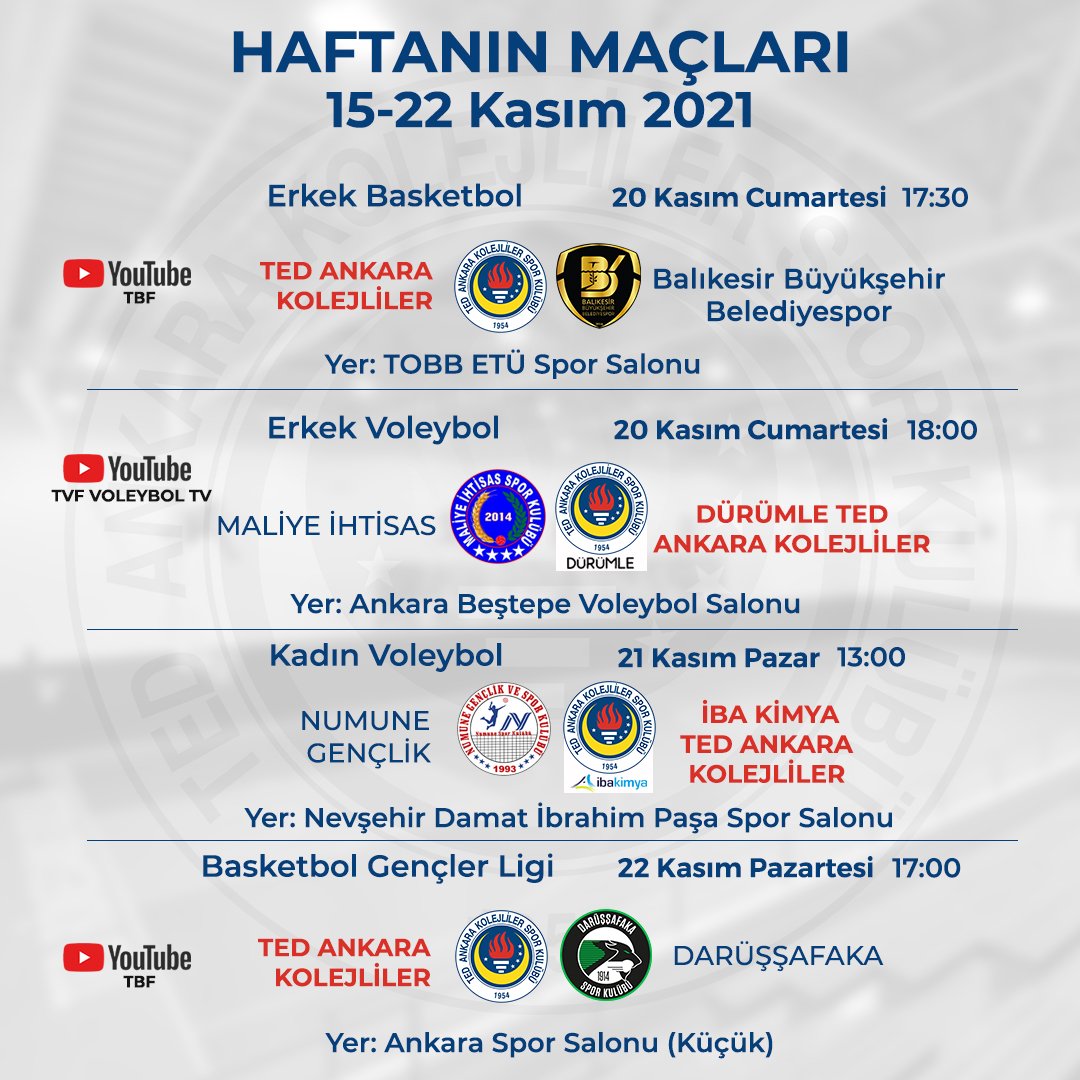 tedkolejliler's tweet photo. ⭐Haftanın Maçları⭐

#tedsk #tedankarakolejlilersporkulübü #kolejliler #haydikolej #sımsıkıtaşgibi #sontopdüşenekadar #kadınvoleybol #erkekvoleybol #erkekbasketbol https://t.co/461ivrUxbN