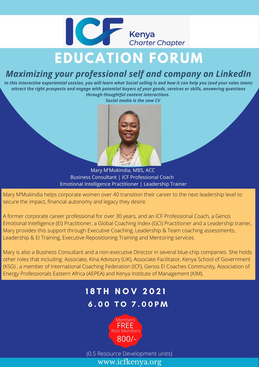 icfkenya's tweet photo. For this month's education forum we have Mary M’Mukindia as the facilitator. She will be taking us through an insightful and interactive session on building our self and company on Linkedin. It's definitely one not to miss.

Click here to register: https://t.co/l4h8UwGhHG https://t.co/w3KpJOxoZD