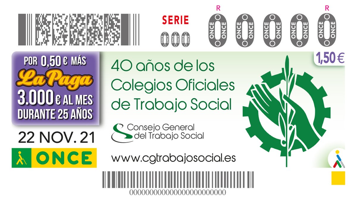 Sale a la venta el cupón conmemorativo de @JuegosONCE por los 40 años de los colegios oficiales de Trabajo Social (sorteo 22 de noviembre). Supone un reconocimiento a la labor de los 36 colegios profesionales de Trabajo Social y visibiliza a la profesión: cutt.ly/DTzOvbu