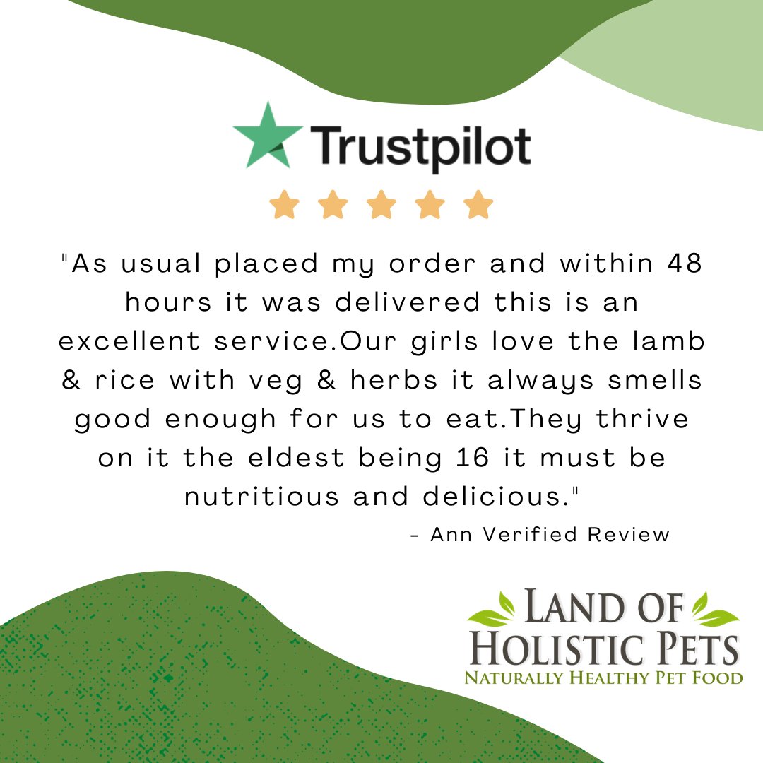 LoHolisticPets's tweet photo. "As usual placed my order and within 48 hours it was delivered this is an excellent service.
Our girls love the lamb &amp; rice with veg &amp; herbs it always smells good enough for us to eat.
They thrive on it the eldest being 16 it must be nutritious and delicious." Ann https://t.co/9kkDq2L6as