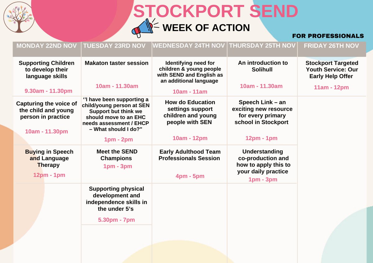 📣1 week to go! 📅
Our #SENDweekofaction starts next Monday.
There's a schedule for parents/carers and a schedule for professioanls.

For more info and to book on: bit.ly/sendwoa_nov21