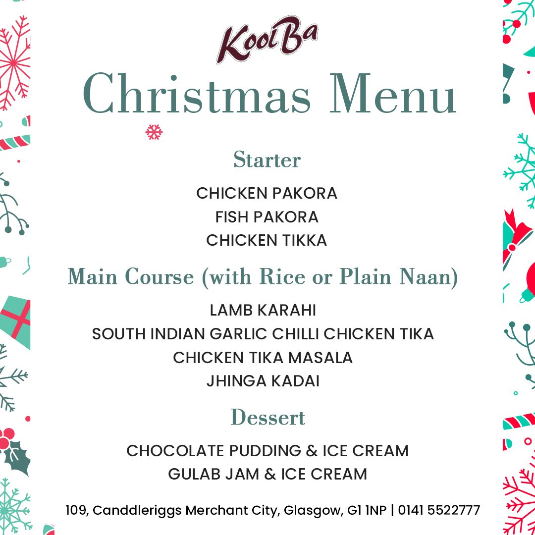 KoolBa's tweet photo. It's nearly Christmas and we are super excited!

Our Christmas menu is ready and we couldn't wait sharing it with you!

Take a look at our exquisite menu offering now! 
☎️Call now for reservations: tel:0141 5522777
It’s time to reserve your table- https://t.co/V2OWJTTdQW 
#Koolba https://t.co/vhB8FN38Lt