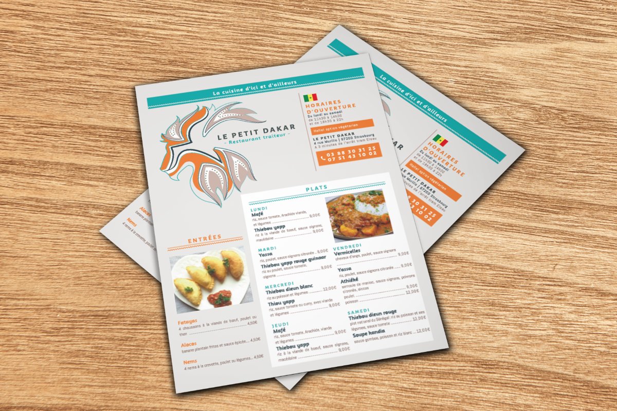 Création et impression d'un flyer pour le restaurant Sénégalais Le petit Dakar à Strasbourg.
Si vous voulez découvrir leurs spécialités n'hésitez pas à venir y faire un tour !
#creationgraphique #restaurant #print #flyer
