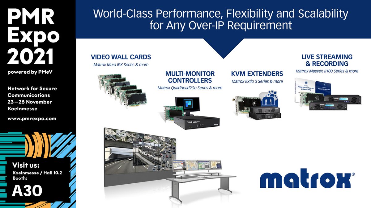 MatroxVideo's tweet photo. Besuchen Sie #Matrox auf der @PMR_Expo in Köln, Stand A30
Produkt-Info:
https://t.co/6GwKBMKw4u
#Extio_3 #KVMoverIP Extender
#Maevex for #AVoverIP
#Mura_IPX capture cards for #controlrooms
#QuadHead2Go multi-monitor-controller
#PMRExpo #Leitwarte #Leitstelle #SCADA #KVM https://t.co/XTFffa6Jte