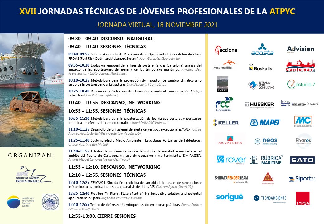 atpyc_pianc's tweet photo. Recordad que este jueves 18/11 se celebran nuestra Jornadas Técnicas de Jóvenes Profesionales con un interesantísimo programa. Para inscribiros solo tenéis que enviar un correo a atpyc@puertos.es. ¡Os esperamos! https://t.co/oUrh4i9kqT