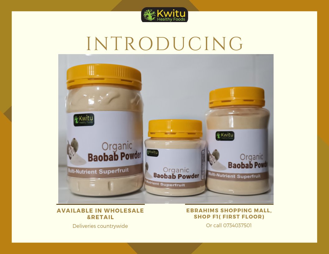 KwituHealthy's tweet photo. We are now stocking Baobab Powder.
In wholesale & retail.
Nairobi CBD at Ebrahims Shopping Mall Shop F1 (first floor)
Call 0734037501 to order
#baobabpowder
#baobabpowderkenya https://t.co/R3km1S7Ax8