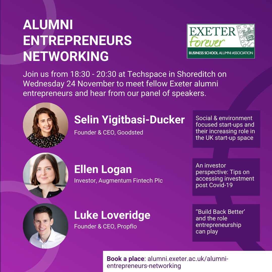Speakers now confirmed for <a href="/Exalumni/">Uni of Exeter Alumni</a> Entrepreneurs networking next week! Book a free place here: lnkd.in/e-uU9dKe