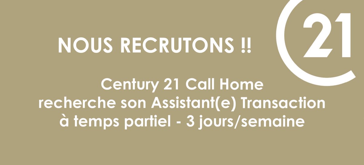 Nous recrutons! 
ASSISTANT(E) TRANSACTION
CDI Temps partiel  - 3 jours par semaine - Morzine
Dynamisme, esprit d’équipe, sens du relationnel, polyvalence et rigueur.
Bon niveau d’anglais requis.
Candidature par mail : jg.payen@century21.fr