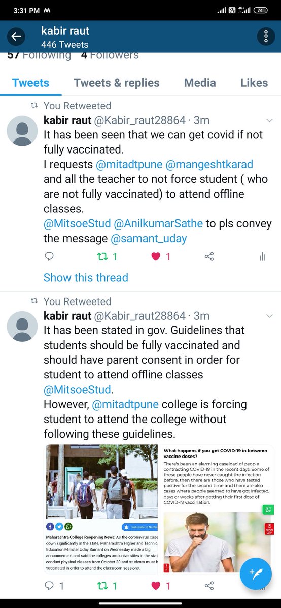 Kabir_raut28864's tweet photo. @MitsoeStud @samant_uday @CMOMaharashtra Do not force students to attend offline lecture if they are not fully vaccinated . Gov. Has made certain guidelines pls follow it. https://t.co/Z230QUOAnw