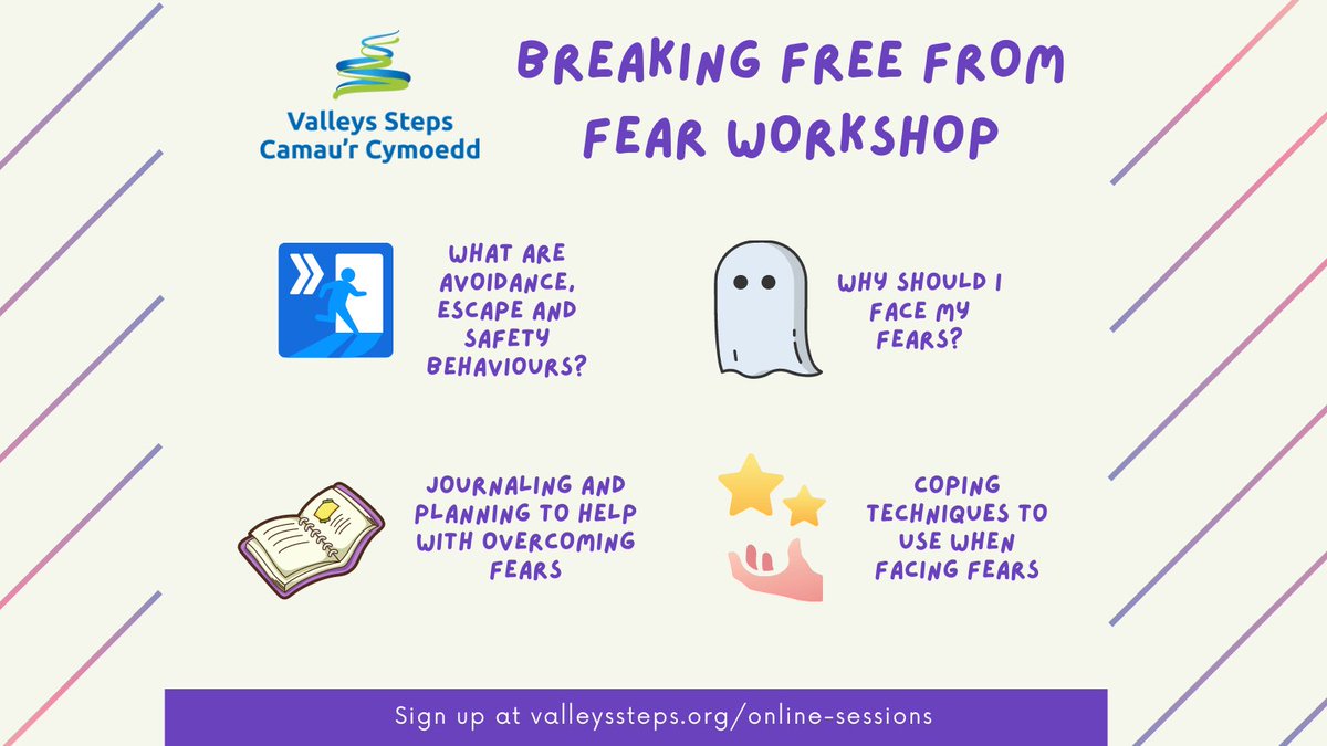 ValleysSteps's tweet photo. Our online Breaking Free From Fear workshop is running over the next week. There are four dates / times to choose from:

Weds 14th Nov, 2-3pm
Fri 26th Nov, 11am-12pm
Mon 29th Nov, 2-3pm
Mon 29th Nov, 6-7pm

Sign up here https://t.co/8HOwudD7mM https://t.co/9secYKdmrO