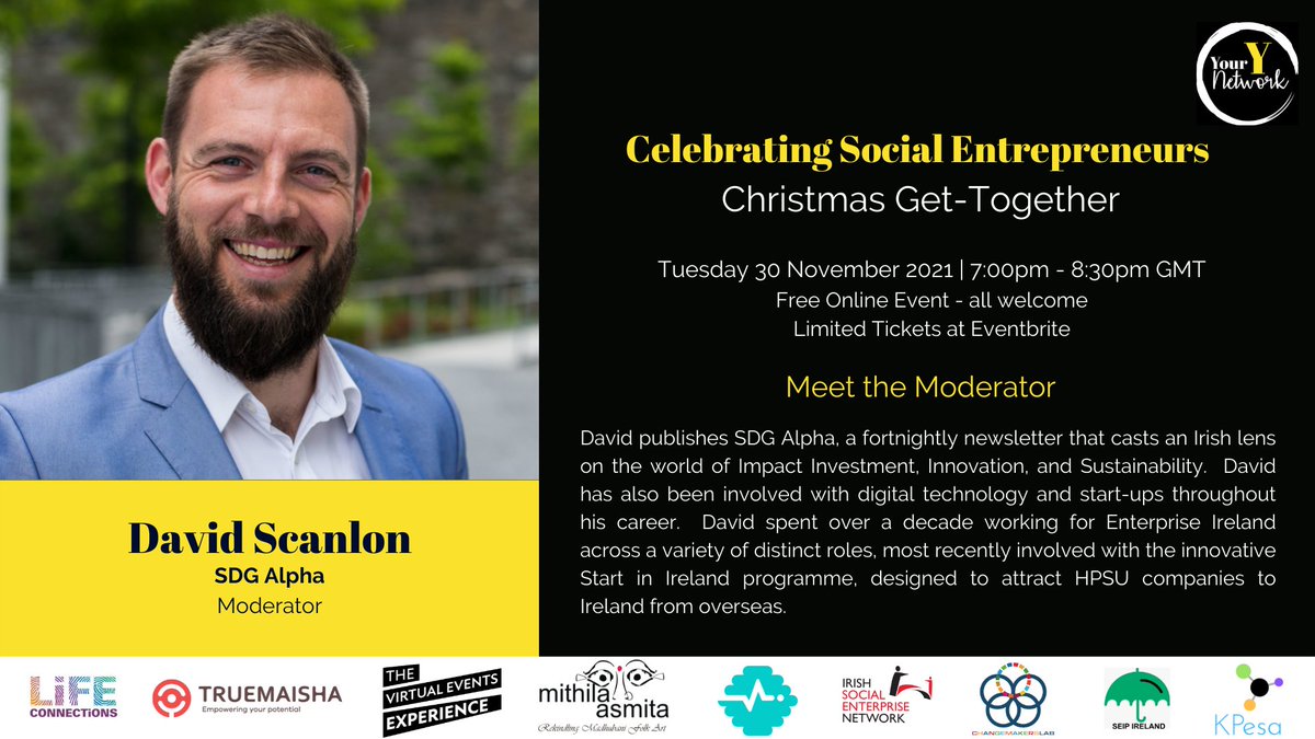 YourYNetworkHQ's tweet photo. Meet the Moderator!
@dscanlon director of @GrowWithResolve and publisher of a newsletter called "SDG Alpha" is our amazing moderator
Grab your FREE ticket now and spread the word >>> https://t.co/VgF8ofB0Sg
#socent #socialenterprise #socentIRL #socentEU #networking #SDGs https://t.co/ROdBJjKC90