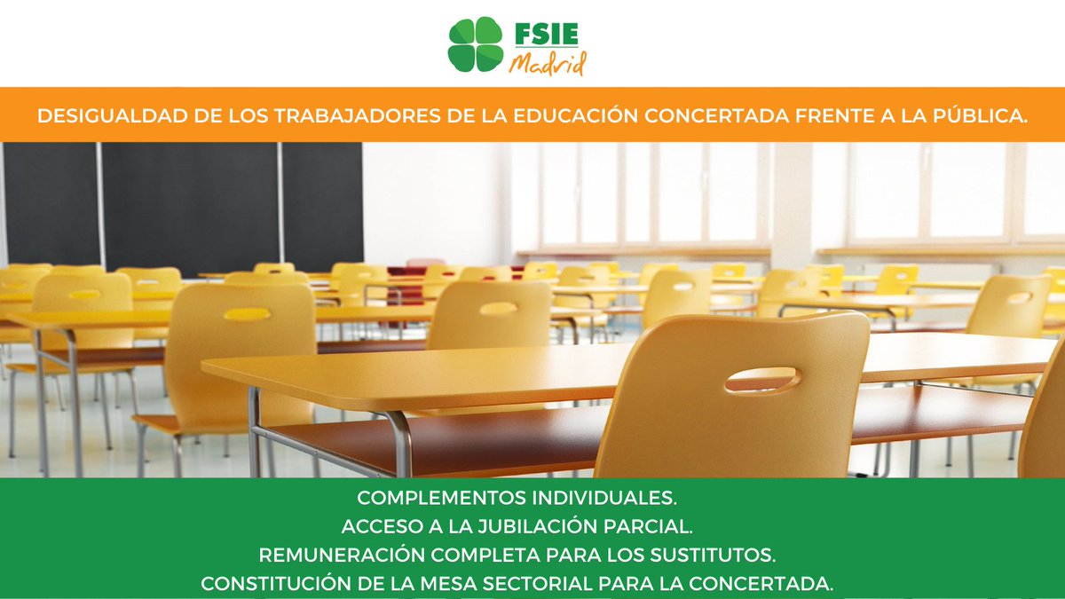 david_fsie's tweet photo. 🍀 #FSIEMadrid denuncia la #desigualdad que viven los profesionales de la #enseñanza #concertada frente a sus compañeros de la pública 👉🏼 https://t.co/Q1RTZlOgtl 

❌Pedimos a @IdiazAyuso, @eossoriocrespo, @blondieconomics y @MCLA73 que recapaciten y … https://t.co/jRJlK4M6OK