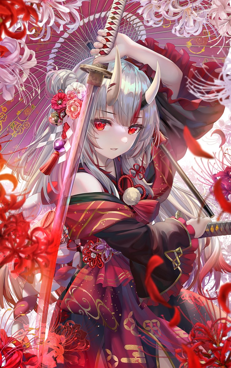 nakiri ayame 1girl spider lily weapon horns sword solo red eyes  illustration images
