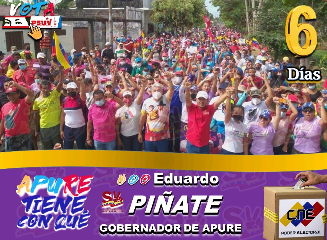 #Apure 🇻🇪✌️
Este 21-N en Apure votamos arriba y a la izquierda *¡En los ojitos de Chávez!* Por nuestro Candidato Eduardo Piñate Gobernador y con él nuestra Candidata y Candidatos a las 7 Alcaldías, Consejo Legislativo y Concejos Municipales!!!!!
#FILVEN2021VictoriaCultural