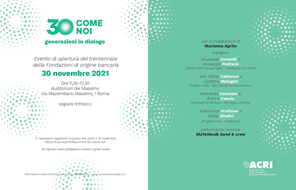 Conibambini's tweet photo. “30 come noi. Generazioni in dialogo”: è l'evento organizzato da @acri_ufficiale in occasione in occasione dell’avvio dell’anno di festeggiamenti per i 30 anni delle Fondazioni di origine bancaria. Appuntamento il #30novembre a #Roma. Info: https://t.co/VFqw5lnL2s https://t.co/koipI3fKlo