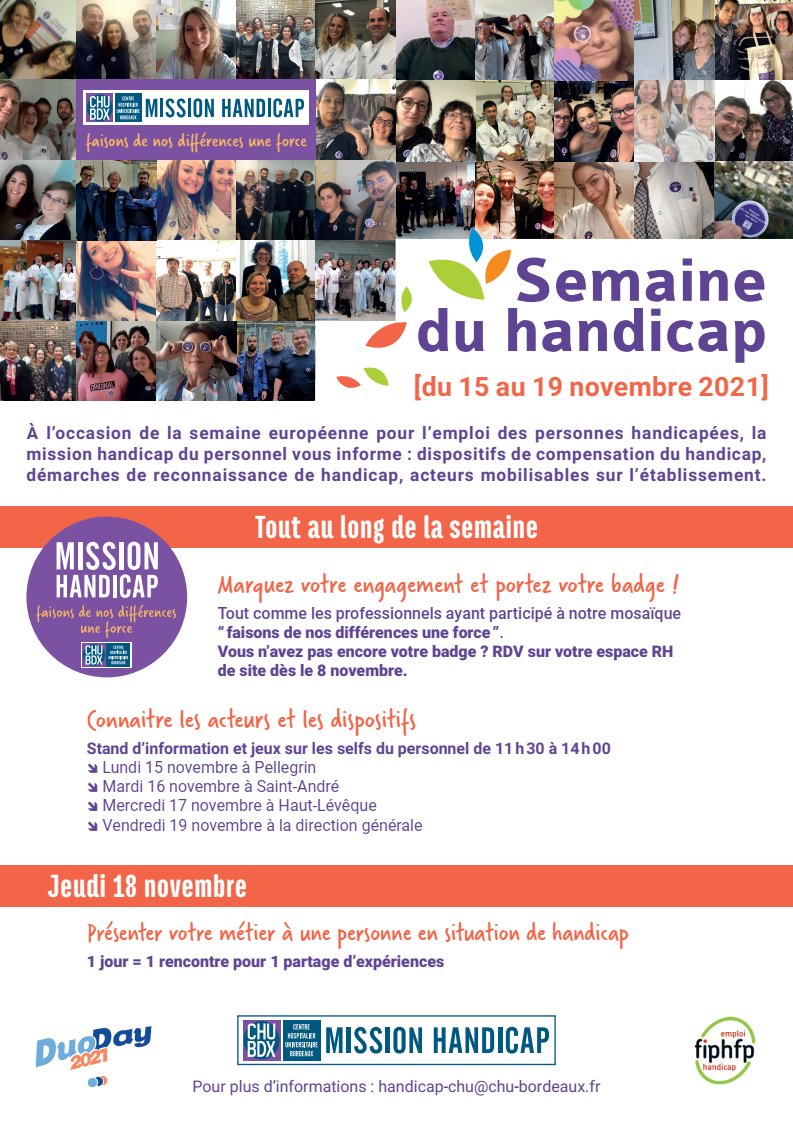 CHUBordeaux's tweet photo. [#LANCEMENT] de la semaine européenne du #handicap au @CHUBordeaux !
📣Au programme : stand d’information...
➡️#Duoday le 18/11: former des duos entre professionnels et personnes en situation de #handicap pr partager une journée de travail 
 #travail #SEEPH2021 #Duoday2021 https://t.co/jHGOYds1SS