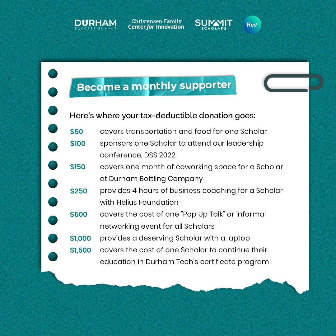 Help us kick off #GivingTuesday in a big way! Your commitment to ongoing support for #DurhamSuccessSummit is truly special. Recurring donations allow us to plan for the future and focus more time on the truly meaningful work of building relationships and running the program.
