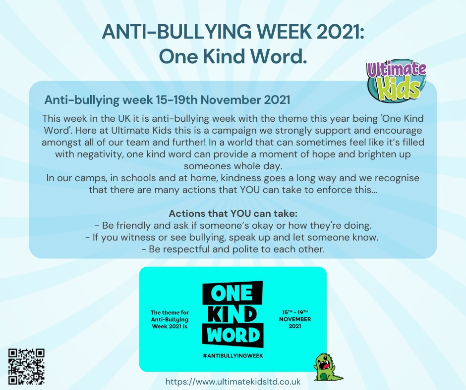 UltimateKidsLtd's tweet photo. This week is #AntiBullyingWeek and here at Ultimate Kids we want to encourage YOU to spread at least One Kind Word each day! #UltimateKids #OneKindWord https://t.co/Vs3vwyxAbX