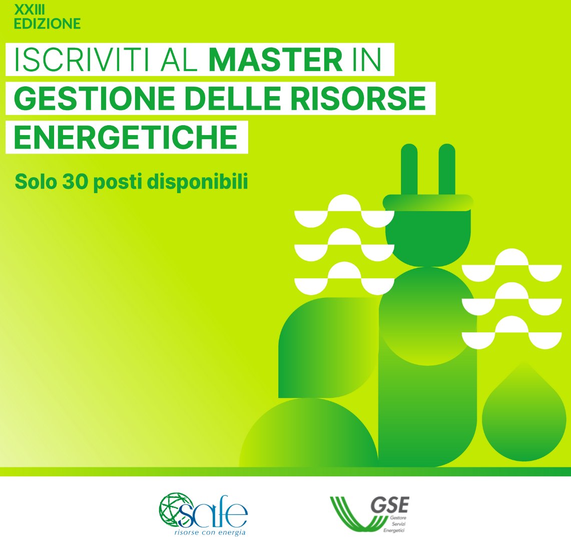 GSErinnovabili's tweet photo. Al via le #selezioni per la XXIII edizione del #MasterSAFE.
#GSE collabora con il Master @SAFE_energia in Gestione delle Risorse Energetiche attraverso docenze tenute dai nostri professionisti e giornate di #formazione.
Chiusura iscrizioni il 17.11 👉https://t.co/8vJ865LccW https://t.co/FiXV1DDc0Z