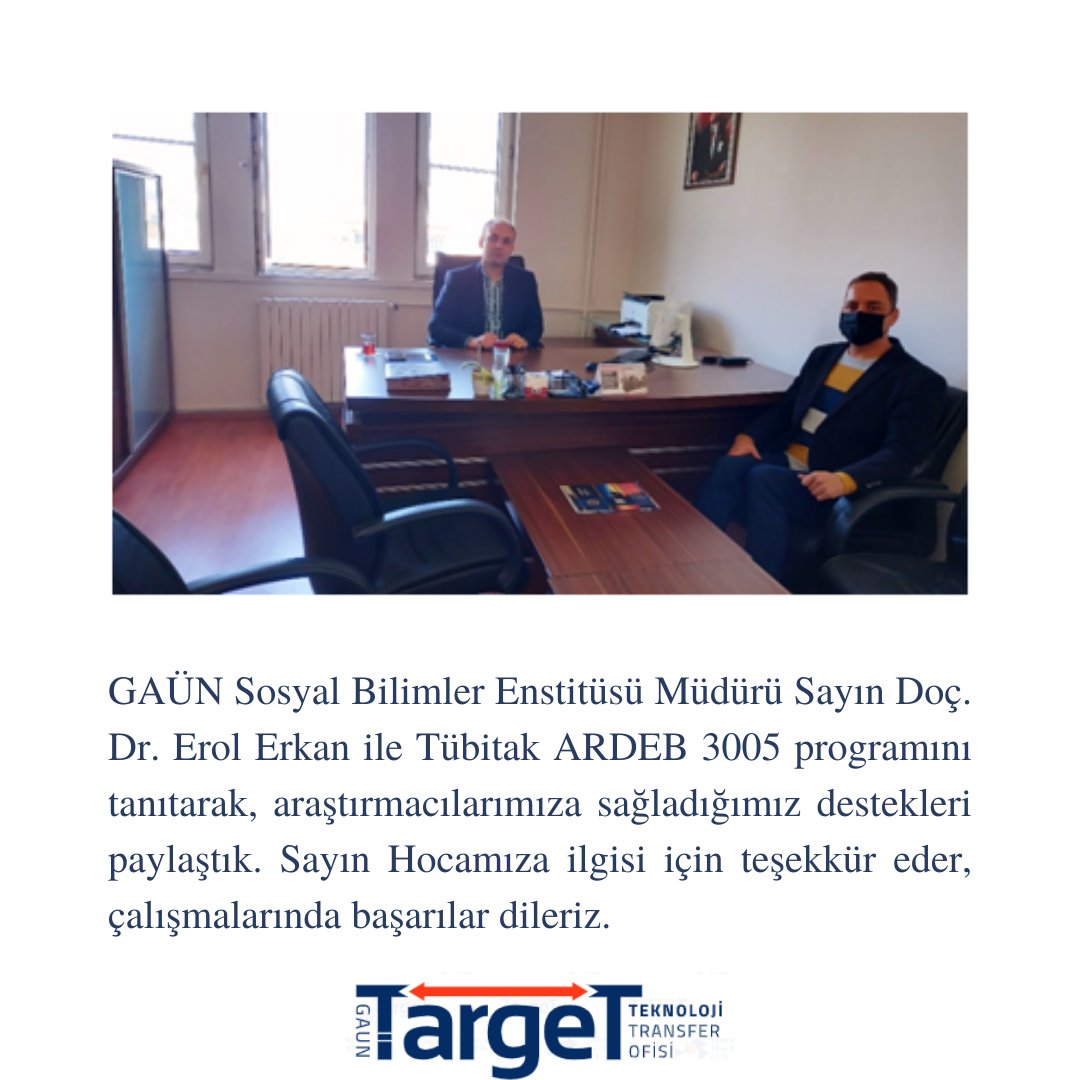 ttotarget's tweet photo. GAÜN Sosyal Bilimler Enstitüsü Müdürü Sayın Doç. Dr. Erol Erkan ile Tübitak ARDEB 3005 programını tanıtarak, araştırmacılarımıza sağladığımız destekleri paylaştık. Sayın Hocamıza ilgisi için teşekkür eder, çalışmalarında başarılar dileriz.
@Tubitak
@gaziantepUniv
#ttotarget https://t.co/K7ON4CNHm1