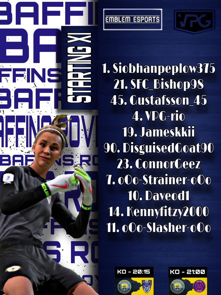 Baffinsroversfc's tweet photo. Line up &amp; Fixtures for tonight 

Manager 🗣
Our Form is good, we just need to stay consistent now. 2 games tonight vs tough opponents 🤝

🆚 @RyseXI_ 

🆚 @midlandphoenix 

📸 @Siobhanpeplow1 

#UpTheBaffins 🔵🟡

👕 @EMBLEMESPORTS 

@VPGUK 
@OfficialVPG https://t.co/fj2BRyOBHF