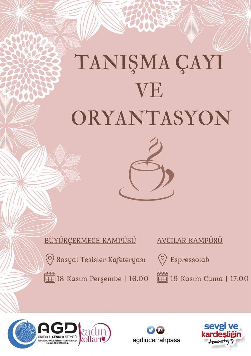 agdkadiniuc's tweet photo. AGD İstanbul Üniversitesi-Cerrahpaşa hanımlar komisyonu olarak sizlerle tanışmak için sabırsızlanıyoruz☺️ 
📍Büyükçekmece ve 📍Avcılar Kampüsü olmak üzere iki farklı kampüsümüzde gerçekleşecek olan tanışma çayımızda siz değerli kardeşlerimizi aramızda görmekten mutluluk duyarız🌿 https://t.co/k3s68TqqJC