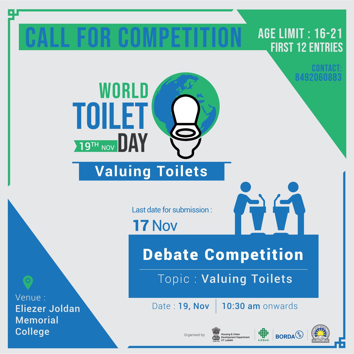 ledegladakh's tweet photo. Call for debate competition on topic: "Valuing Toilets" during celebration of #WorldToiletDay at @ejmcleh
Only first 12 entries shall be selected. Intrested participants are requested to register on Mob. No 8492060883.

#LEDeG #BORDA #ejmleh #worldtoiletday2021

@AsiaBorda https://t.co/gOsM1K1973