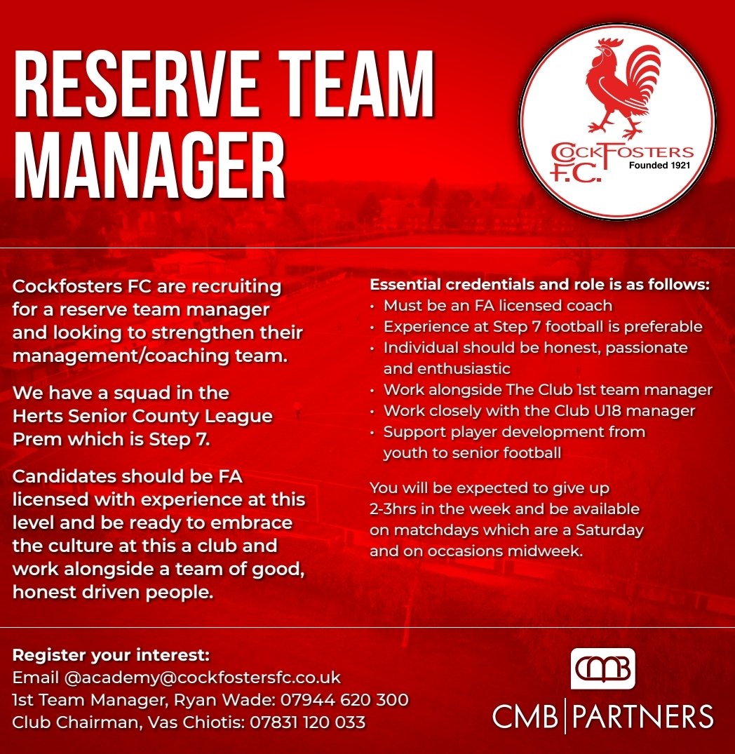 Club Announcement 🗣

We are recruiting 4 a RESERVE TEAM manager. 

An opportunity 4 an individual or an individual &amp; his team 2 connect with us. If the opportunity interests u then please contact us as per the details 

#UpTheFosters 

<a href="/essexsenior/">Essex Senior League</a> <a href="/hscfl/">HSCL</a> <a href="/LondonFA/">London Football</a>