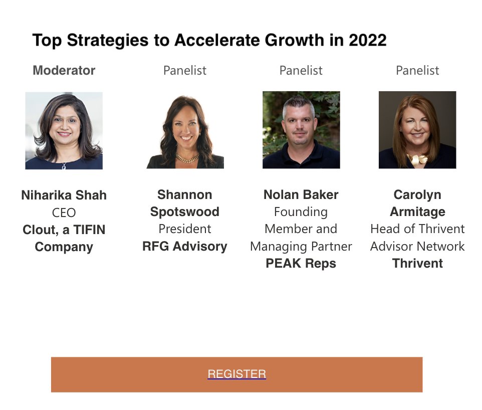 RFG Advisory (@rfgadvisory) on Twitter photo Join <a href="/RFGAdvisory/">RFG Advisory</a> President <a href="/sspotswoodrfg/">Shannon Spotswood</a> today, November 15 from 3:00 - 3:50 PM ET for Top Strategies to Accelerate Growth in 2022 by <a href="/wealth_mgmt/">WealthManagement.com</a>
Complimentary registration & CE Credits gateway.on24.com/wcc/eh/2546897…
#WeAreRFG #RIAoftheFuture #Marketing Join <a href="/RFGAdvisory/">RFG Advisory</a> President <a href="/sspotswoodrfg/">Shannon Spotswood</a> today, November 15 from 3:00 - 3:50 PM ET for Top Strategies to Accelerate Growth in 2022 by <a href="/wealth_mgmt/">WealthManagement.com</a>
Complimentary registration & CE Credits gateway.on24.com/wcc/eh/2546897…
#WeAreRFG #RIAoftheFuture #Marketing