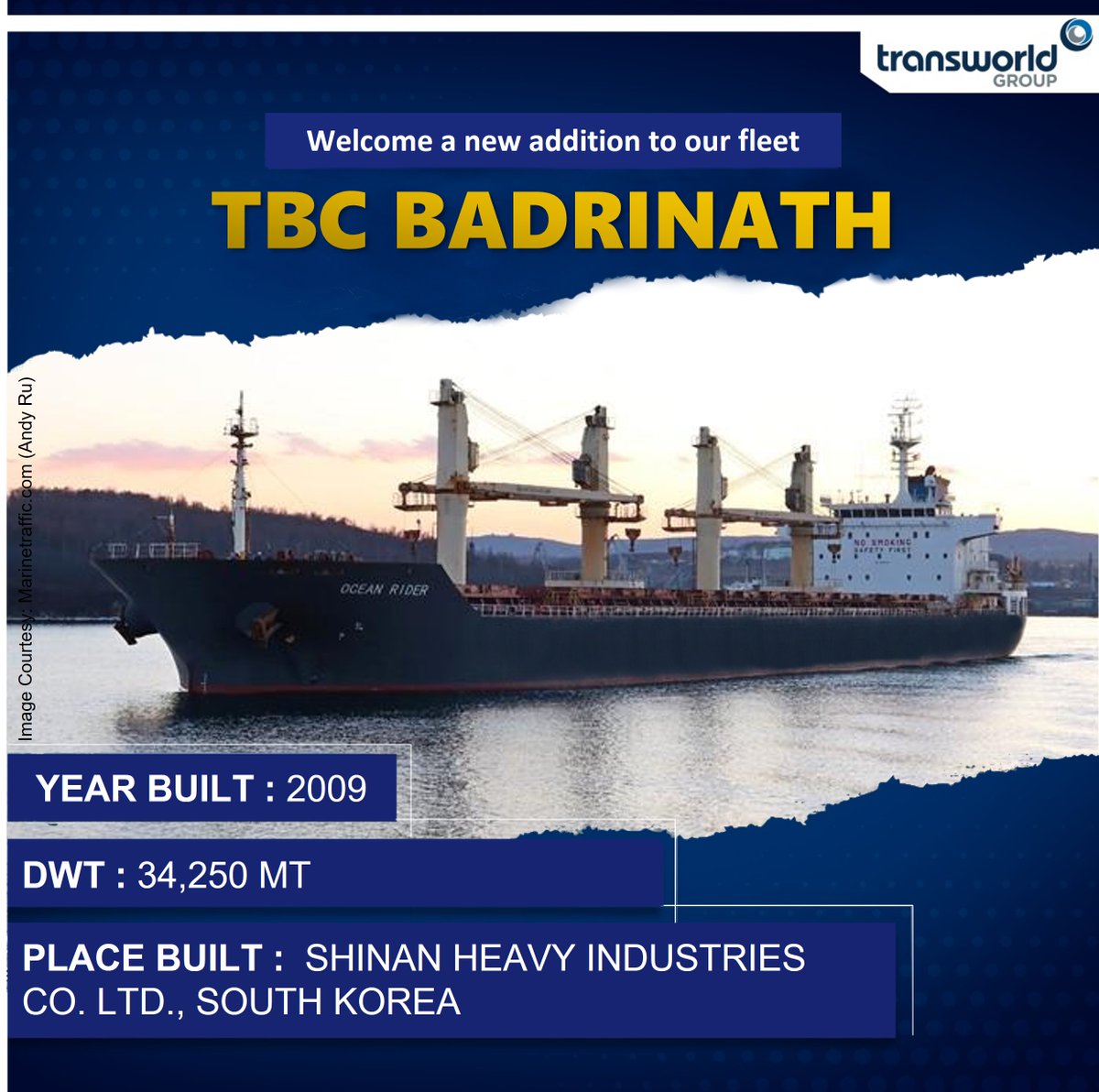 TransworldTweet's tweet photo. Here's presenting our latest Ship #TBCBadrinath. π’
We proudly announce that #TransworldGroup has purchased TBC Badrinath (DWT: 34,250 MT), making this our 8th bulk carrier vessel & 25th addition to our fleet.
#KnowOurShip #ShreyasShipping #ShipOwning #BulkCarrier #OceanRider https://t.co/uQaNNXkbBU