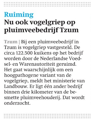 PvdDFryslan's tweet photo. Zo'n klein berichtje in de krant (tussen berichten over afgelaste evenementen, in het Friesch Dagblad).
Zó veel leed.
#circa122500kuikens #geruimd #vogelgriep
#dierenkunnendepestkrijgenendan? https://t.co/CwxYDW6VqN