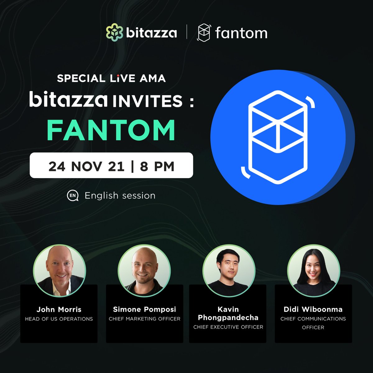 bitazzaofficial's tweet photo. #Bitazza is excited to announce the first-ever appearance on a Thai channel by #Fantom @FantomFDN on 24 Nov, 8 PM. Meet John Morris, Fantom’s Head of US operations, and Simone Pomposi, CMO of Fantom in an exclusive LIVE AMA session HERE https://t.co/ZarmJHYG0F https://t.co/yNHReROdFB