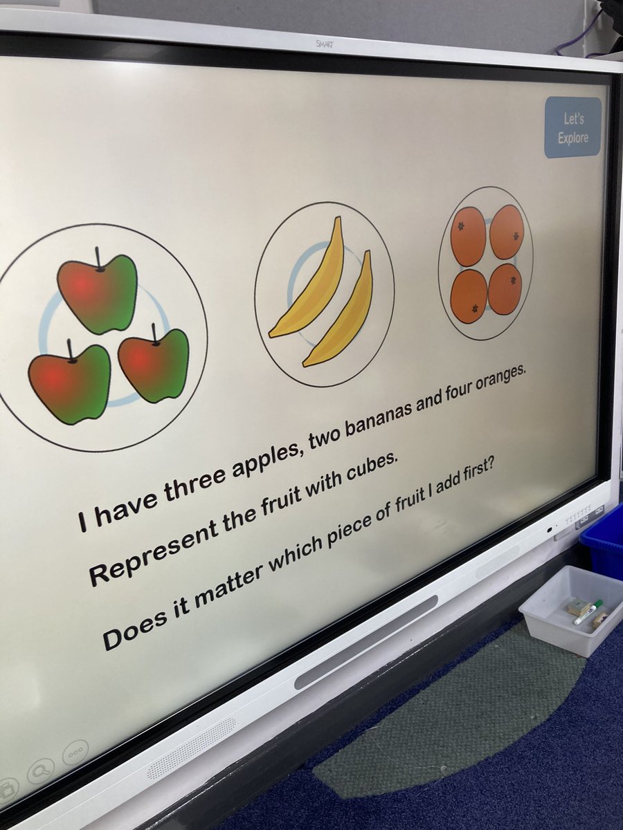 katehenshall1's tweet photo. Today in Y2 @TrinityAcadA we explored adding three addends. When asked does it matter which pieces of fruit I add first, we noticed it doesn’t matter and it will always equal 9. @numberblocks 9 helped us to see it very clearly. @NCETM #pdmaterials #powerofmanipulatives https://t.co/7iWPtMSALS