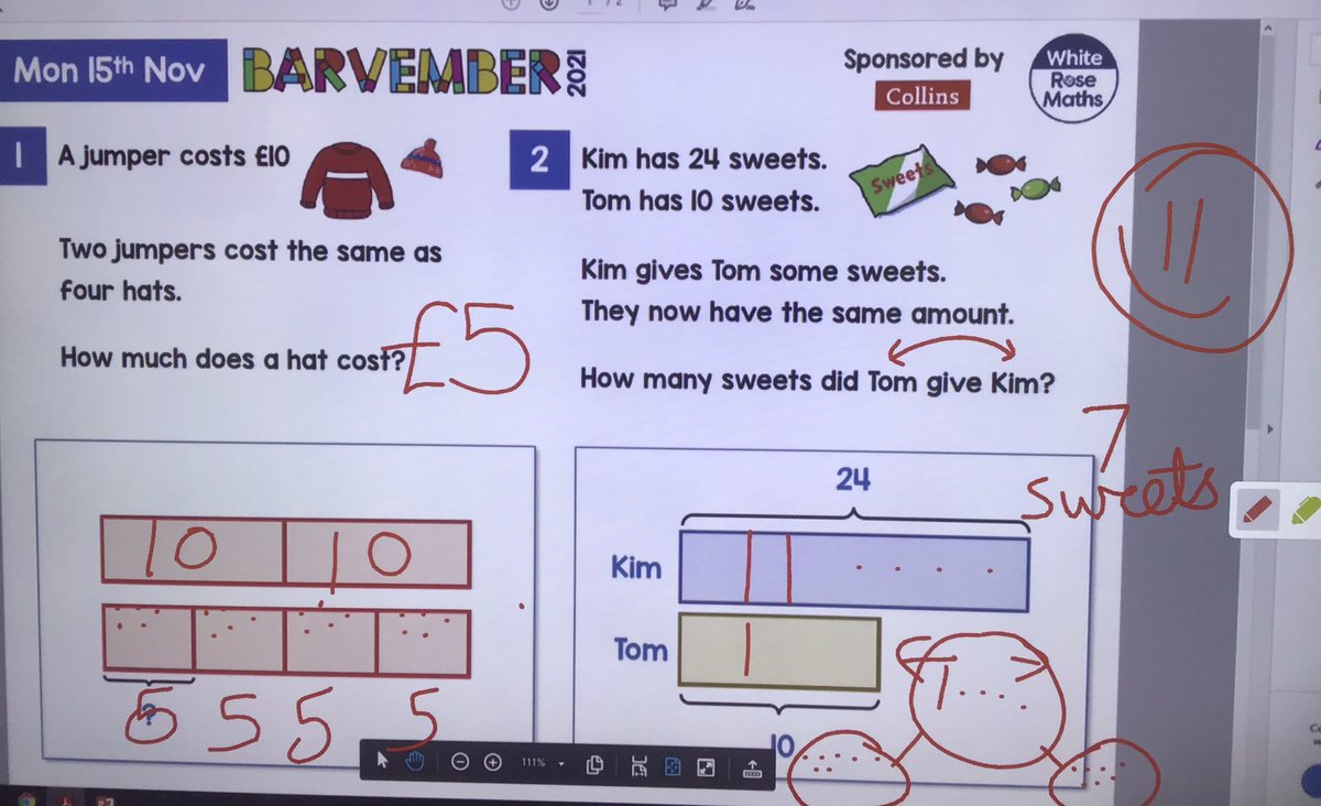 MissDFindlay's tweet photo. Our answers for today - we even went to help Year 1 (and we found some props for question 1!) @WhiteRoseMaths  @MissANiaz1 #Barvember https://t.co/JDMIvULc5s