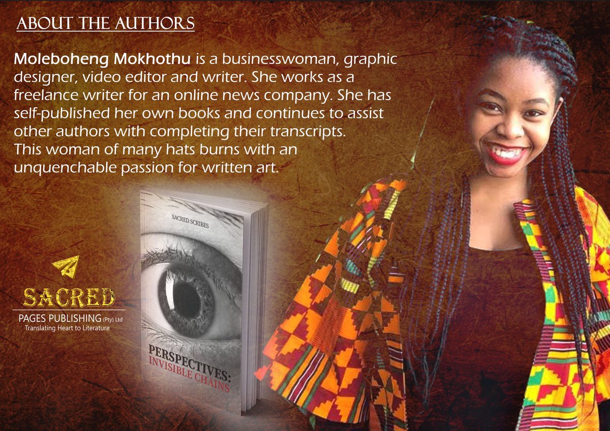 sacred_pages's tweet photo. Meet Moleboheng Mokhothu

PERSPECTIVES: INVISIBLE CHAINS | R200 | ✉️: info@sacredpages.co.za

Banking details: 
SACRED PAGES PUBLISHING
Bank FNB/RMB
Account number 62815931656
Branch code 250655
Reference: Full names, Perspectives

#InvisibleChains 📚 #SacredScribes ✍🏽 https://t.co/zKfE2P9njl