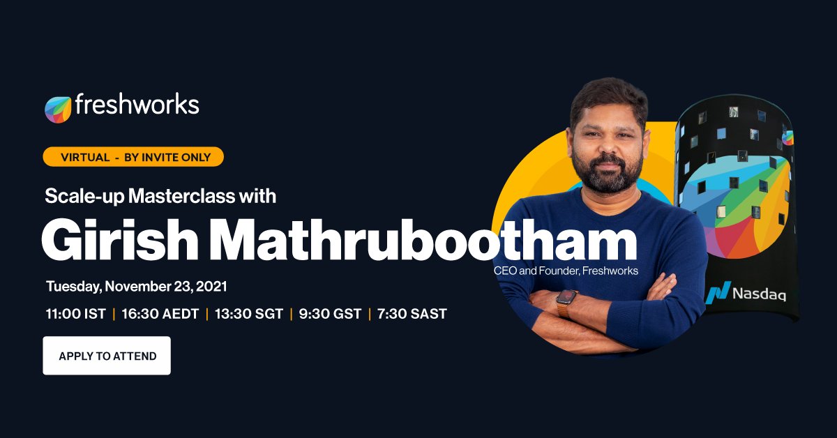 FreshworksInc's tweet image. Skip the trial and error.
We're hosting an exclusive invite-only Scale-up Masterclass with our CEO @mrgirish on November 23, where he discusses the fundamentals of scaling up a business. #MasterclassWithG
Apply now to attend: bit.ly/3wQcjUO