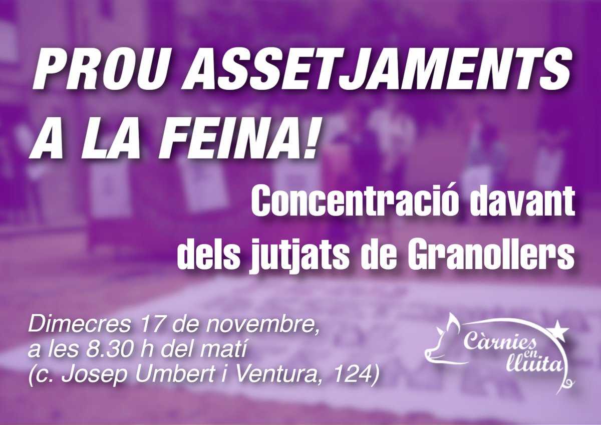 elsetembre's tweet photo. #ENMOVIMENT
@CarniesEnLluita convoca una concentració aquest dimecres davant del jutjat social de Granollers per donar suport a una de les afectades en el marc de les denúncies per assetjament a les càrnies d'Osona https://t.co/PuIr6XK63u