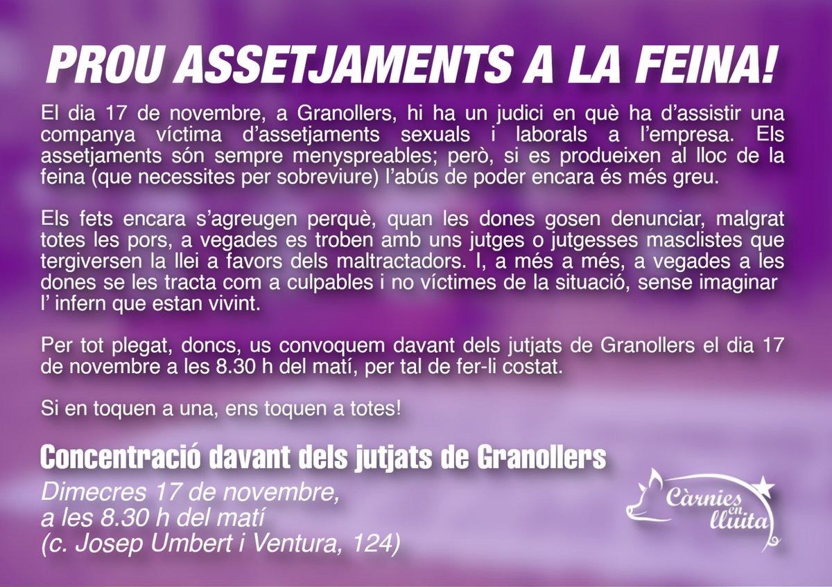 elsetembre's tweet photo. #ENMOVIMENT
@CarniesEnLluita convoca una concentració aquest dimecres davant del jutjat social de Granollers per donar suport a una de les afectades en el marc de les denúncies per assetjament a les càrnies d'Osona https://t.co/PuIr6XK63u