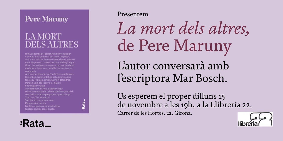 📣📣 Aquesta tarda, a les 19h, @Lamarbosch i un servidor serem a la @LLIBRERIA22 de Girona xerrant sobre la Mort dels altres i del que surti, i ens agradaria molt compartir aquesta conversa amb vosaltres. Us hi esperem! 📚📚 @Rata_Books