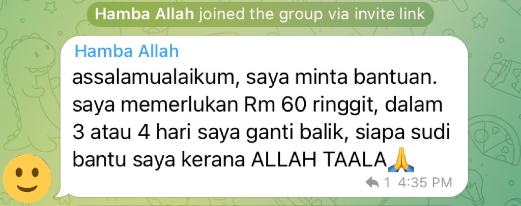 fakhrul_samerin's tweet image. Aku tak tau la ni scam ke apa, tp yang aku perasan, dia akan masuk group² telegram yg ada public link, dan hantar mesej ni.

Yg jadi suspicious, bila dia masuk group telegram alumni kolej aku. Betul ke dia alumni? Nak confirmation, ada tak dia ni masuk dalam group telegram anda?