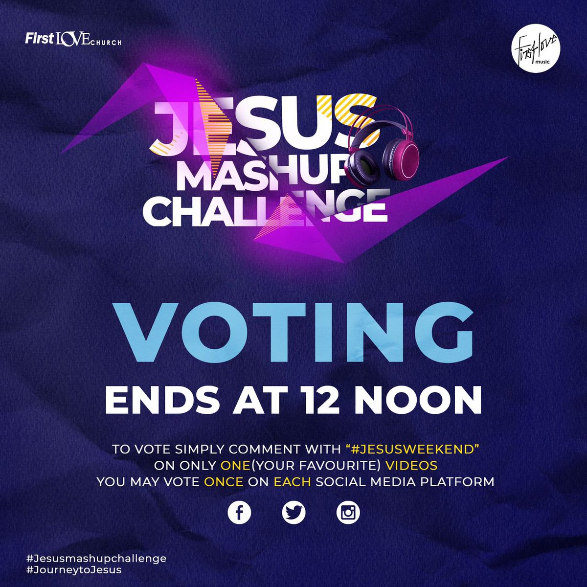 FirstLoveCenter's tweet photo. Our nominees have given us great medleys, and we still need to pick a winner!
Vote for your favourite video now by commenting "JesusWeekend", because voting ends at 12 noon today!
We can't wait to announce the winner!
#JourneyToJesus #JesusWeekend #JesusMashupChallenge https://t.co/HafPR9E861
