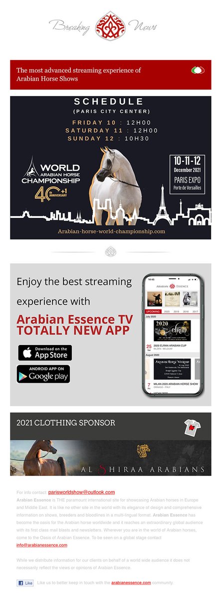 ArabianEssence's tweet photo. Arabian Horse World Championship - Paris 2021
SCHEDULE
Friday 10: 12h00
Saturday 11: 12h00
Sunday 12: 10h30
https://t.co/ZTfInYp7O2
Click here to see High Resolution version:
https://t.co/tHprwOR5a7
#paris2021 #arabianhorsechampionship2021 #showschedule https://t.co/LLdO2k2I8k