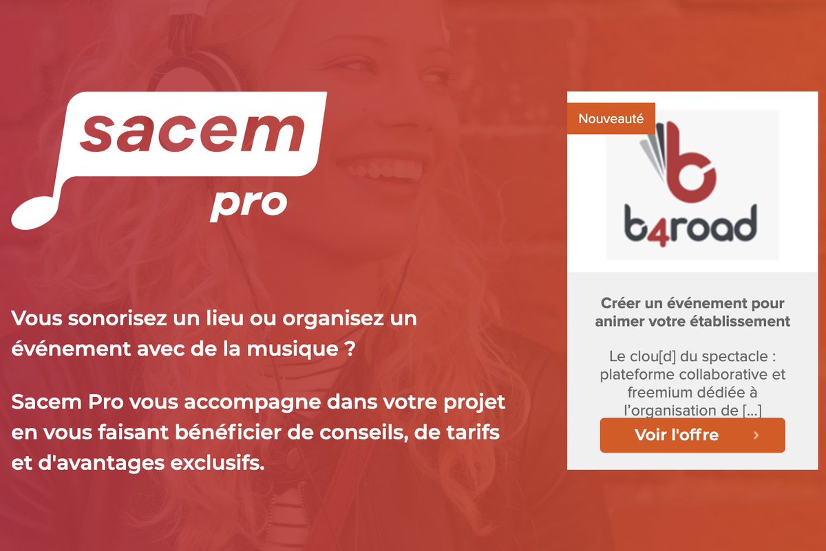 b4road's tweet photo. [NEW] Nous sommes ravis de vous annoncer le nouveau partenariat entre @b4road  et la @sacem  
 
Le fruit d'une rencontre avec Jean François RABOT qui nous permet de rejoindre nos amis @PimsPointages   @DELIGHTofficiel  et @weezevent  

https://t.co/faVal8VE7d

#b4road #sacem https://t.co/3qge0qjC1q