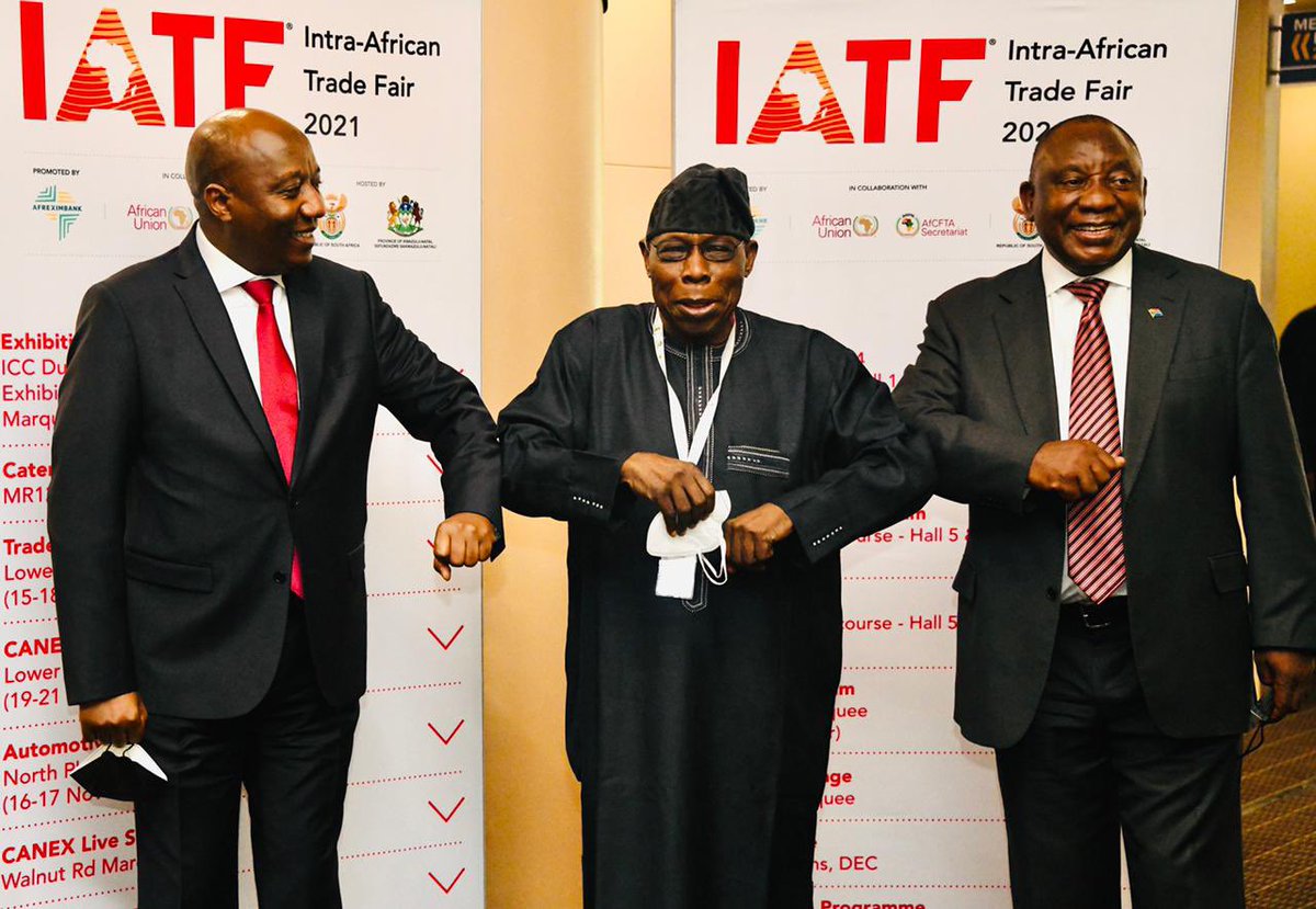 [PHOTOS]: His Excellency President <a href="/CyrilRamaphosa/">Cyril Ramaphosa 🇿🇦</a> accompanied by former President of Nigeria, His Excellency Olusegun Obasanjo, received African Heads of State and Government at the Intra African Trade Fair 2021) in KwaZulu-Natal #IATF2021 #OneAfricanMarket