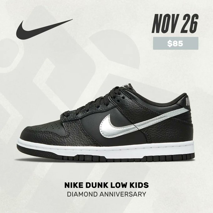 Felicitaspadma1's tweet photo. The Nike Dunk Low GS "Diamond Anniversary" is dropping on Black Friday (11/26)
https://t.co/GVpQ1bdnL3 https://t.co/eun3uHEr9W