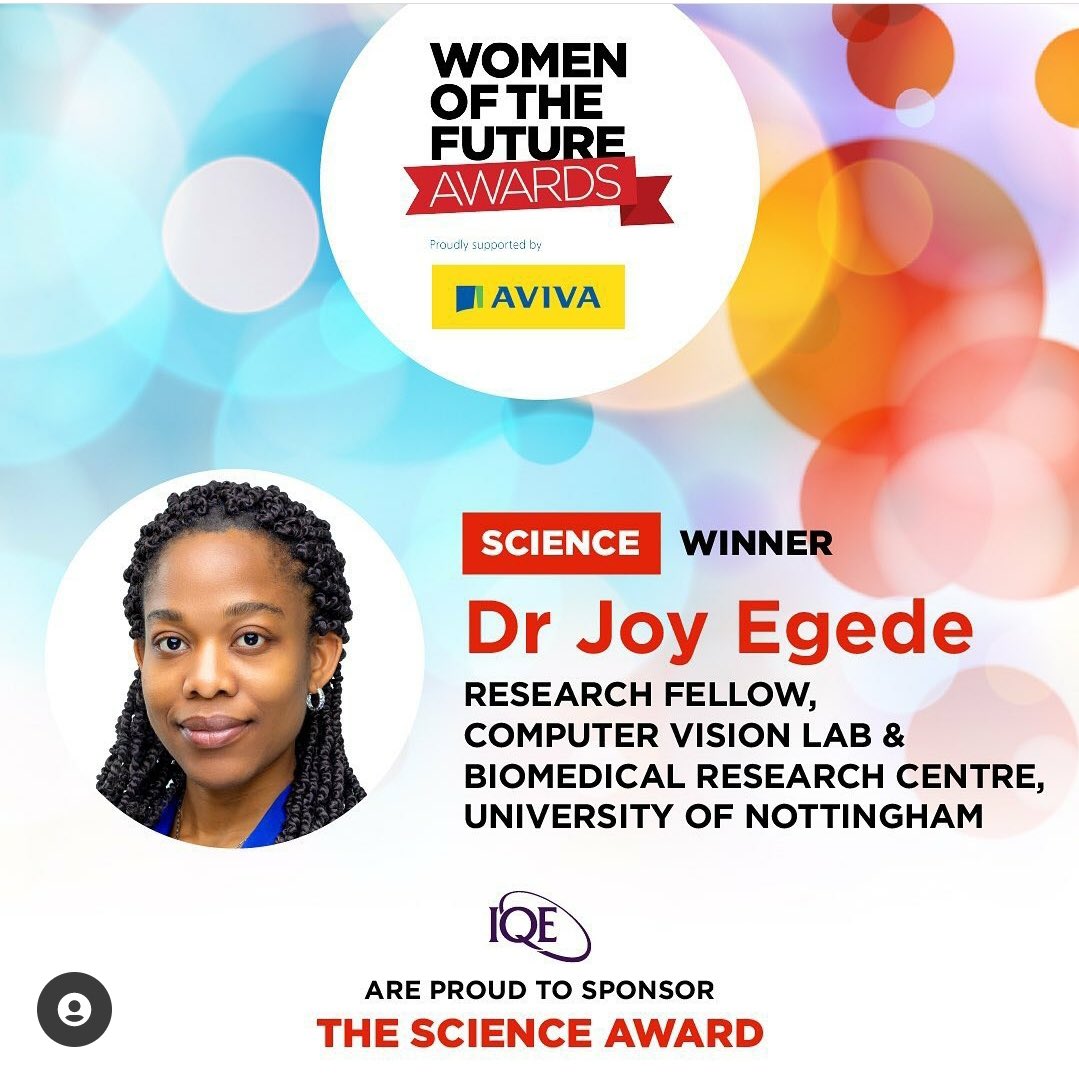 UoNComputerSci's tweet photo. Congratulations to @joyegede who has won the 2021 Women of the Future Awards (WOF) in the Science category at the award ceremony!
 
https://t.co/5YBOSzKqxM
  
#Congratulations #WomenOfTheFuture #WomenInSTEM #UoN #UniversityOfNottingham #WeAreUoN #UoNresearch #UoNEngaged https://t.co/GVTLnmF8KW