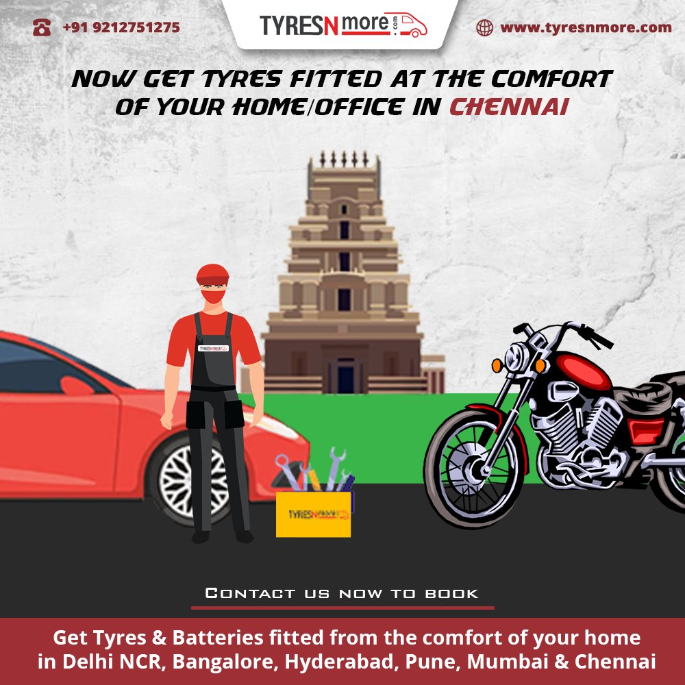 TyresnmoreIndia's tweet photo. Why worry about having to spend hours at the garage! Doorstep fitments at the comfort of your home or office are now a reality even in Chennai!
.
#TyresNmore #doorstepfitment #Pune #Bangalore #Hyderabad #Delhi #Mumbai #topicalspot #chennai #citylaunch #newcity #city https://t.co/6x2DtPu0rX